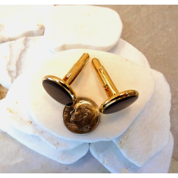 VTG  10k Yellow Gold Plated Black Onyx Cufflinks Mid Century - Picture 3 of 5